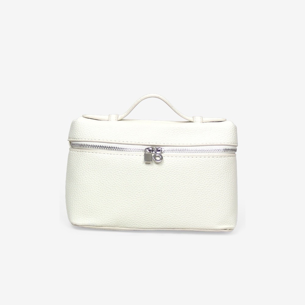 Loro Top Handle Extra Pocket Small Pouch Handbag, White Grained Faux Leather
